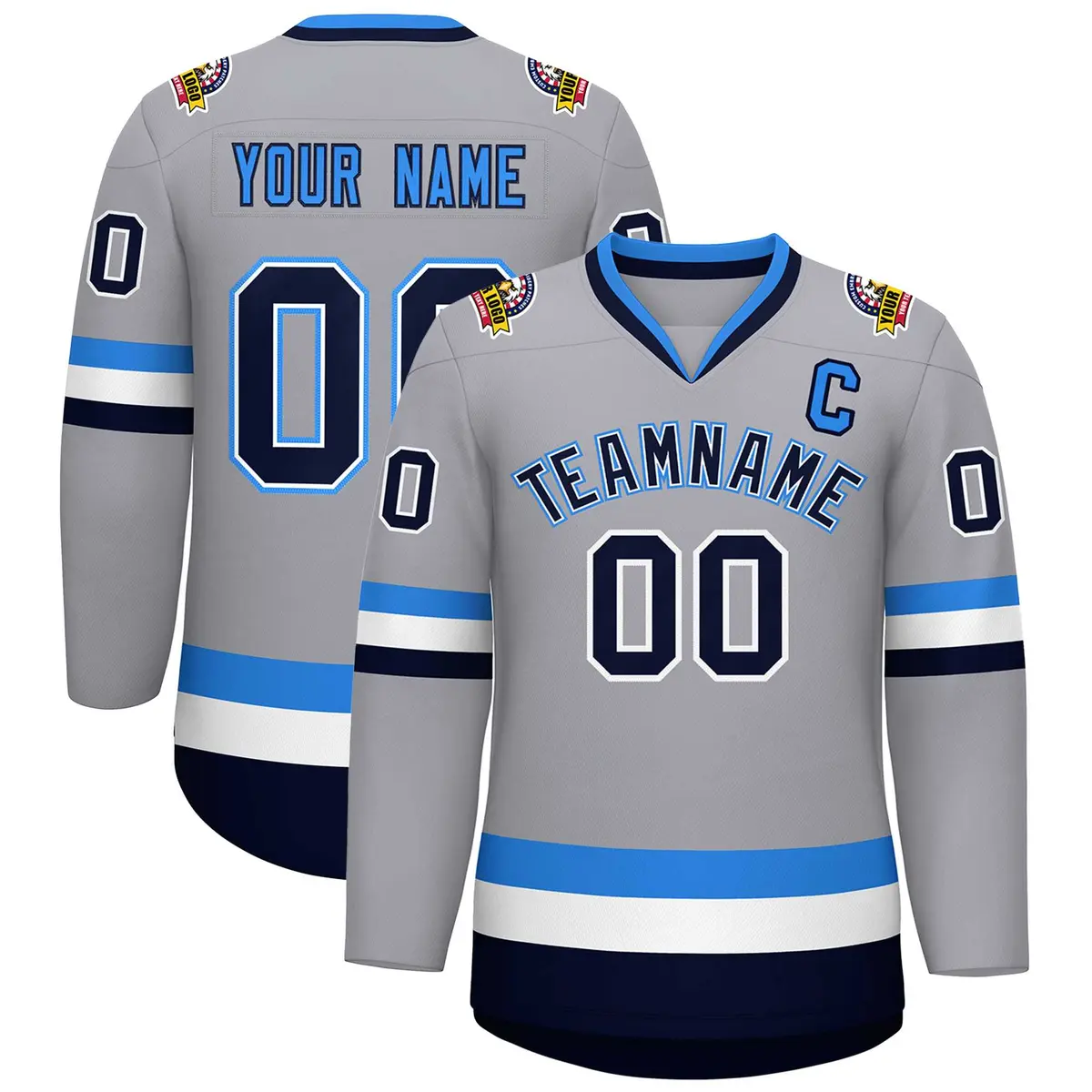 Gray Navy White-Powder Blue Classic Style Hockey Jersey