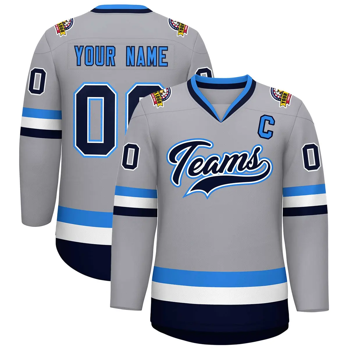 Gray Navy White-Powder Blue Classic Style Hockey Jersey