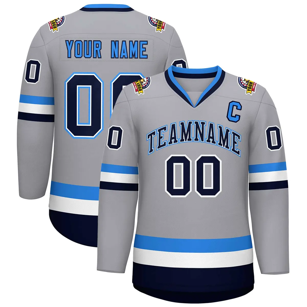 Gray Navy White-Powder Blue Classic Style Hockey Jersey