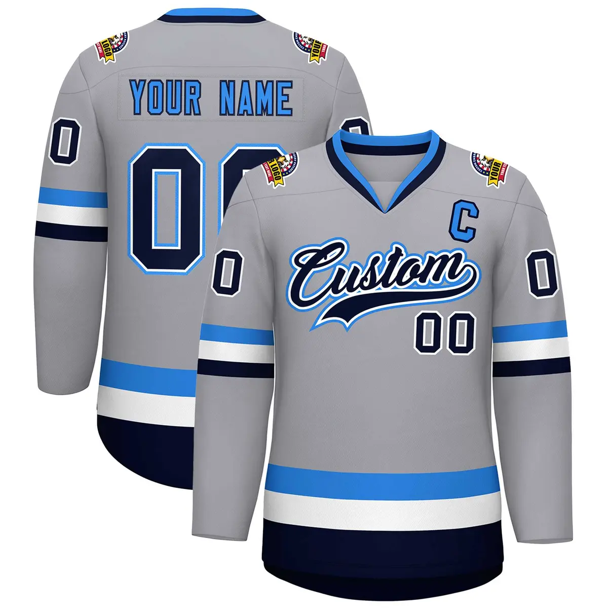 Gray Navy White-Powder Blue Classic Style Hockey Jersey