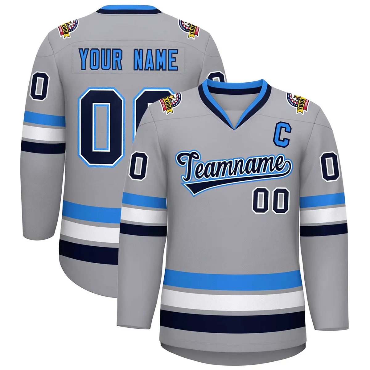 Gray Navy White-Powder Blue Classic Style Hockey Jersey