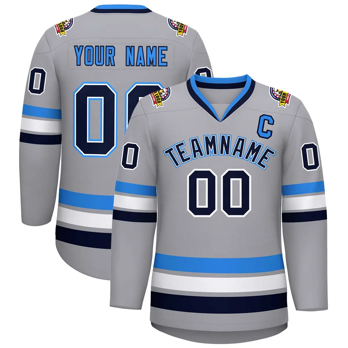 Gray Navy White-Powder Blue Classic Style Hockey Jersey