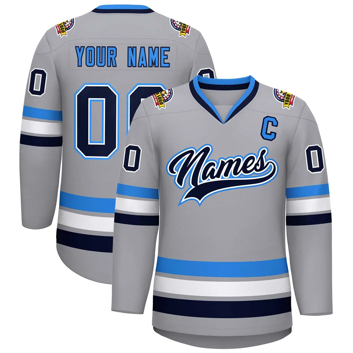 Gray Navy White-Powder Blue Classic Style Hockey Jersey