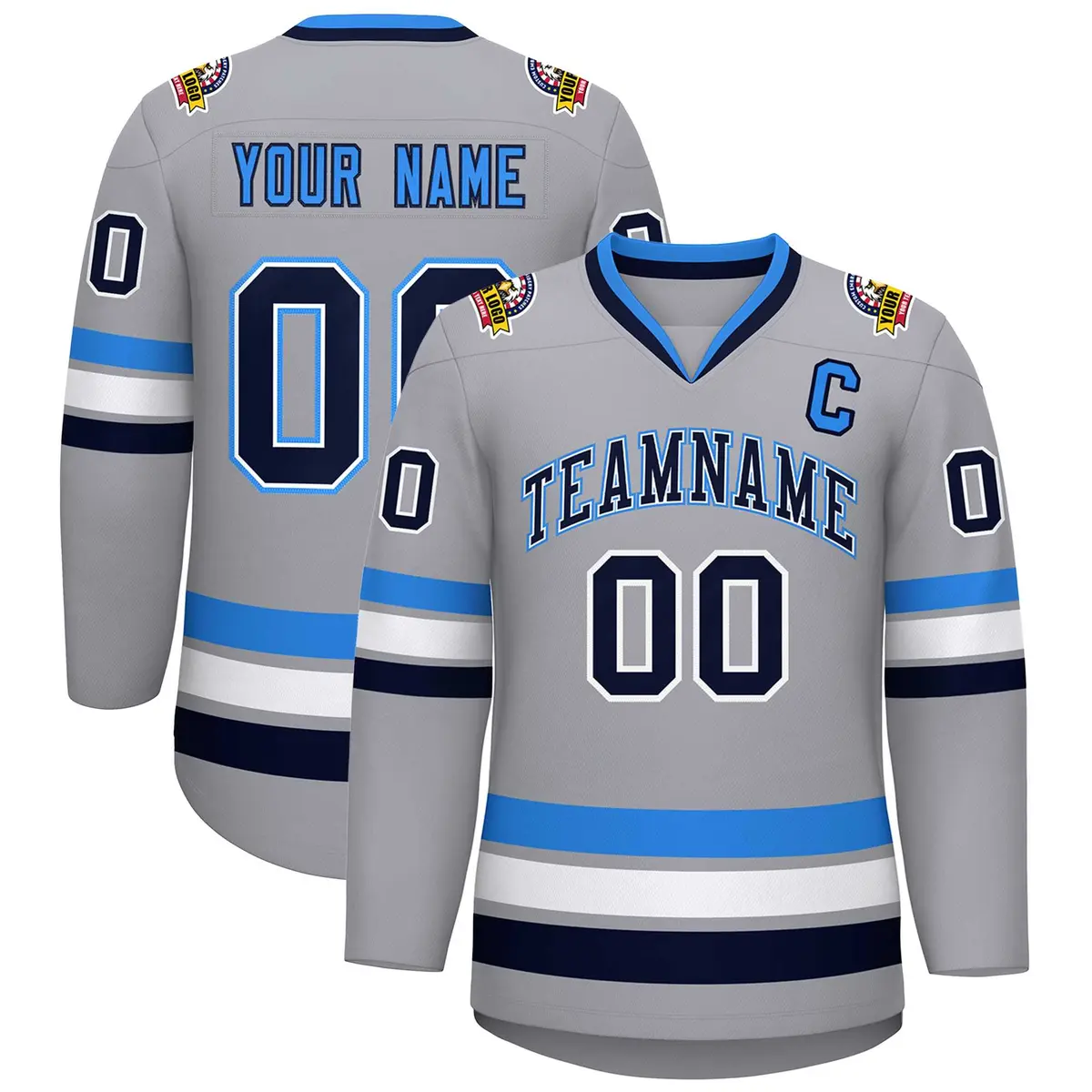 Gray Navy White-Powder Blue Classic Style Hockey Jersey