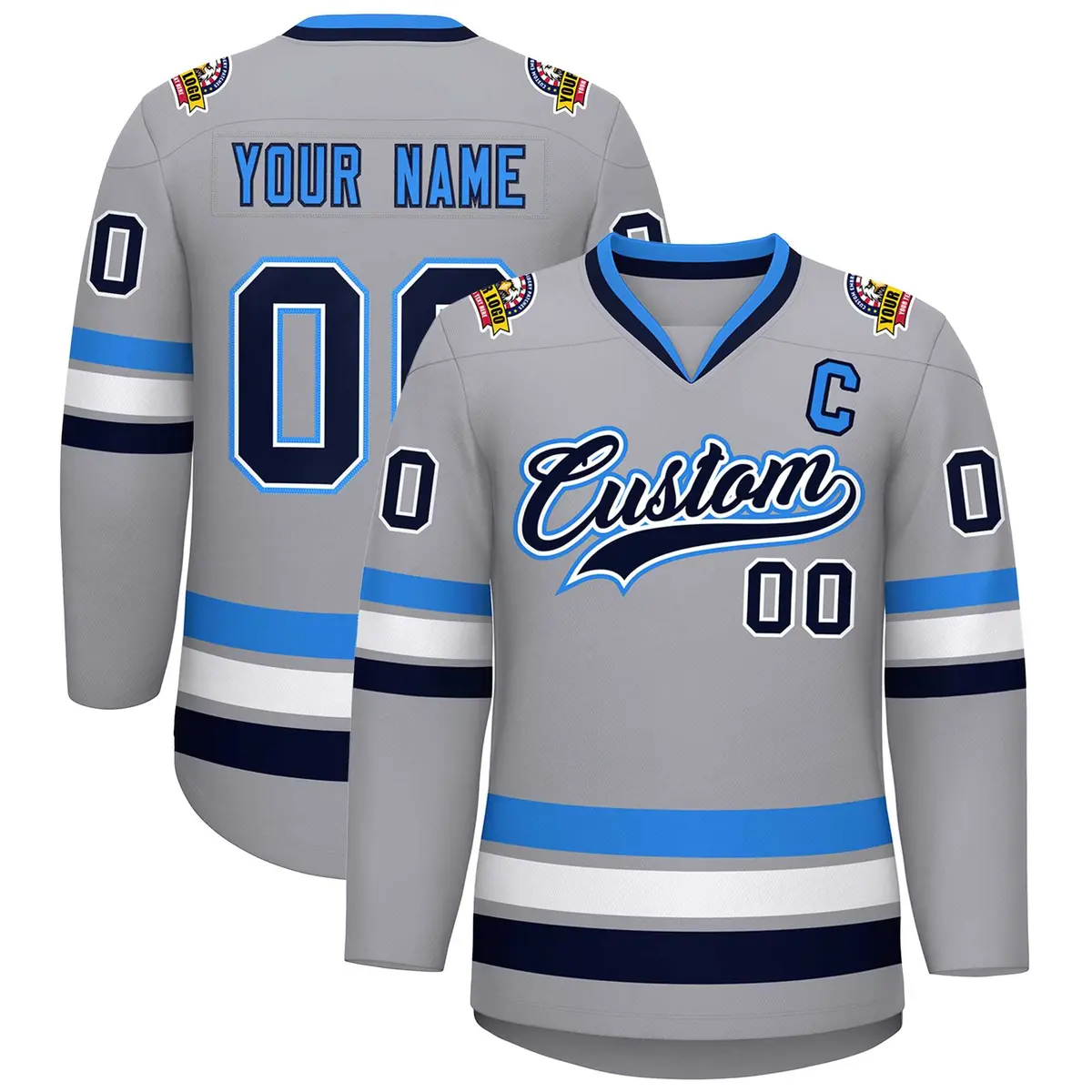 Gray Navy White-Powder Blue Classic Style Hockey Jersey