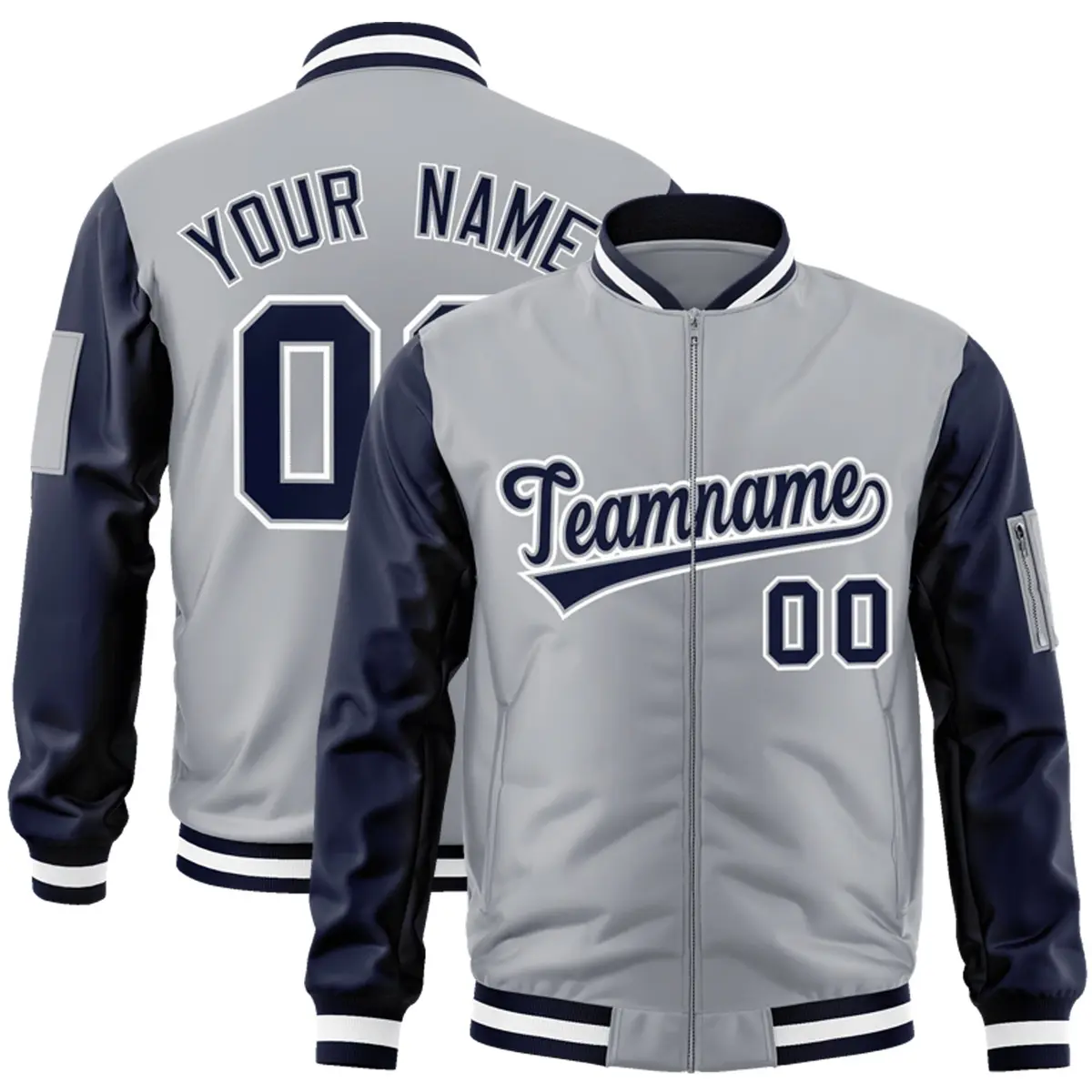 Gray Navy-White Raglan Sleeves Letterman Bomber Jacket