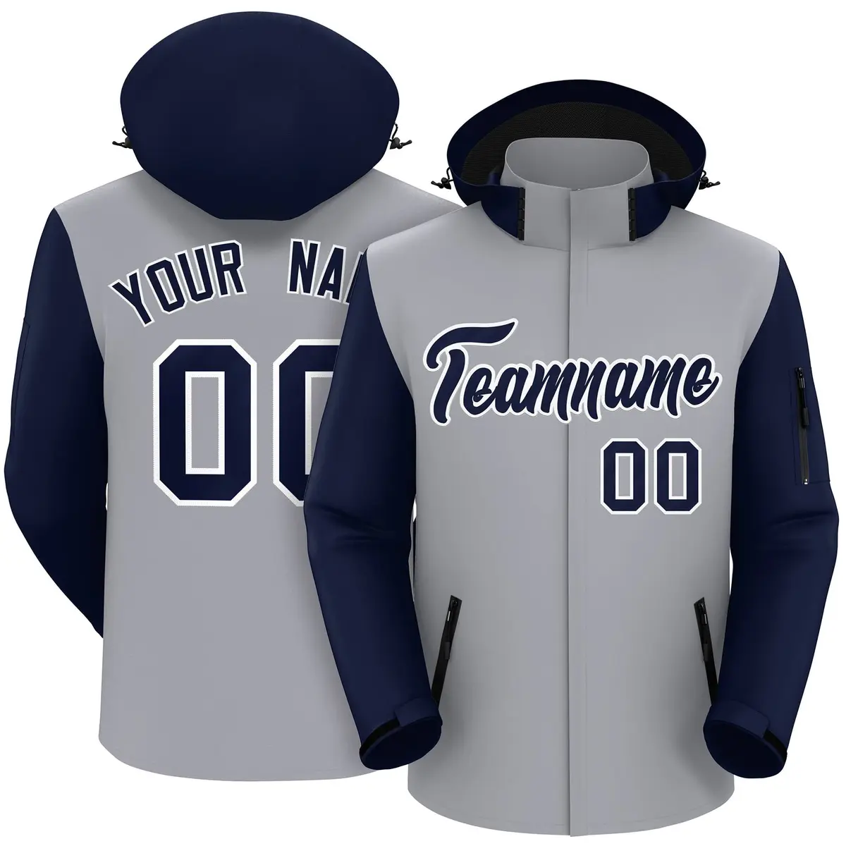 Gray Navy-White Raglan Sleeves Waterproof Jacket