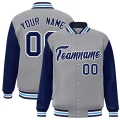 Gray Navy White Raglan Varsity Full-Snap Letterman Jacket