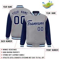 Gray Navy White Raglan Varsity Full-Snap Letterman Jacket 2