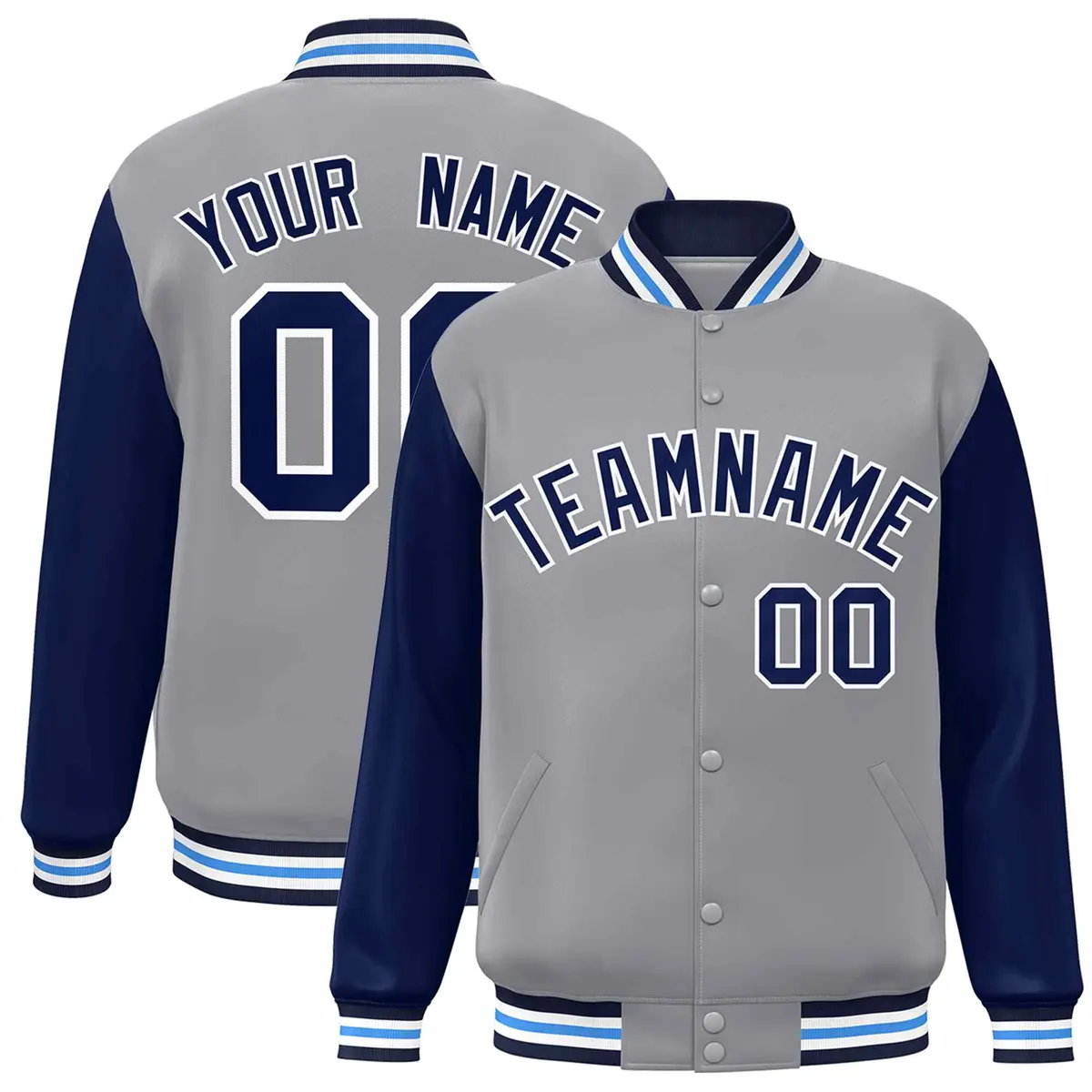 Gray Navy White Raglan Varsity Full-Snap Letterman Jacket