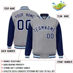 Gray Navy White Raglan Varsity Full-Snap Letterman Jacket 2