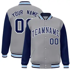 Gray Navy White Raglan Varsity Full-Snap Letterman Jacket 1