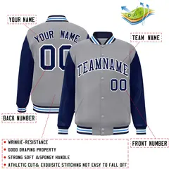 Gray Navy White Raglan Varsity Full-Snap Letterman Jacket 2