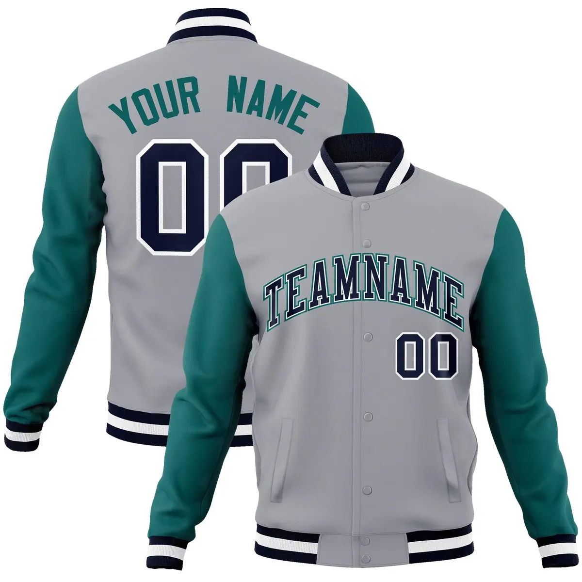 Gray Navy White Raglan Varsity Full-Snap Letterman Jacket