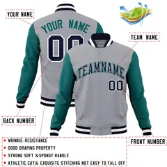 Gray Navy White Raglan Varsity Full-Snap Letterman Jacket 4