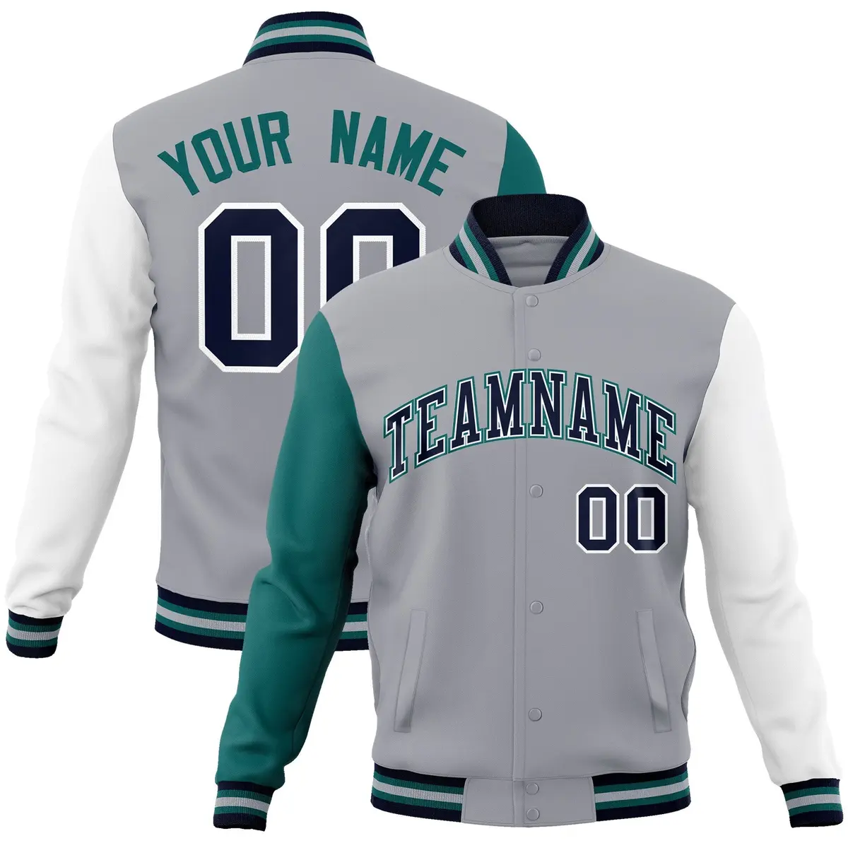 Gray Navy White Raglan Varsity Full-Snap Letterman Jacket