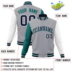 Gray Navy White Raglan Varsity Full-Snap Letterman Jacket 4