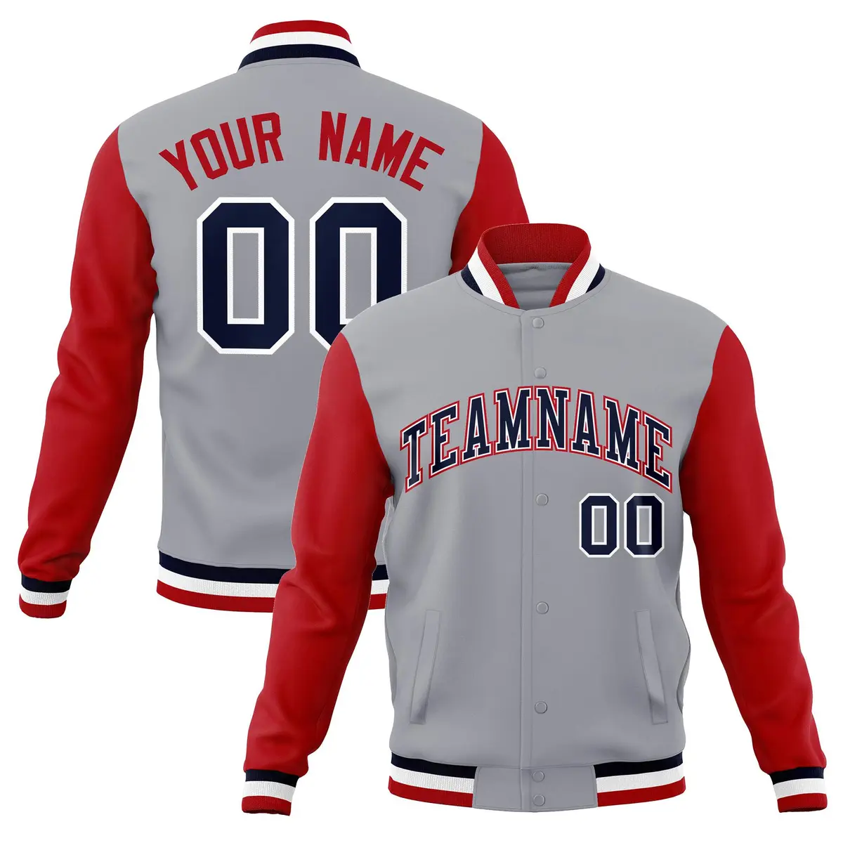 Gray Navy White Raglan Varsity Full-Snap Letterman Jacket