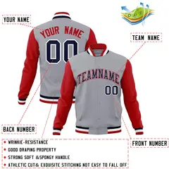 Gray Navy White Raglan Varsity Full-Snap Letterman Jacket 4