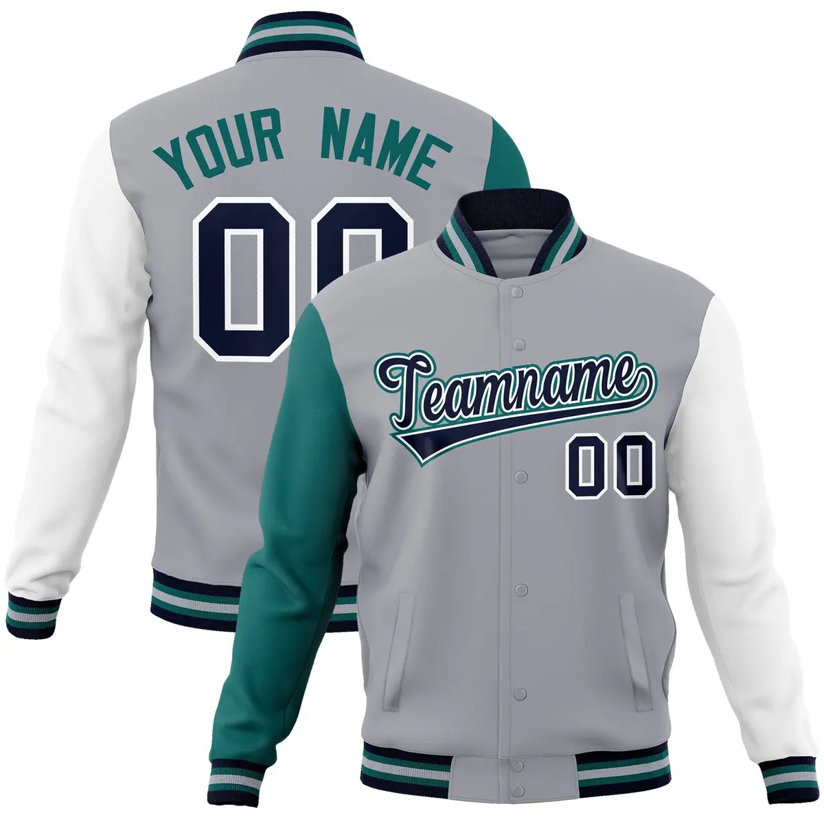 Gray Navy White Raglan Varsity Full-Snap Letterman Jacket