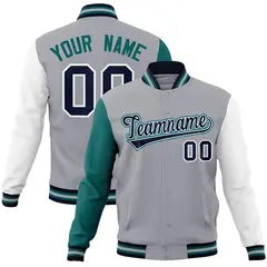Gray Navy White Raglan Varsity Full-Snap Letterman Jacket 1