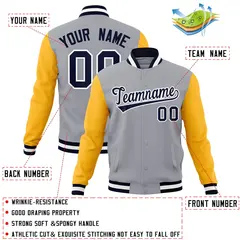 Gray Navy White Raglan Varsity Full-Snap Letterman Jacket 4