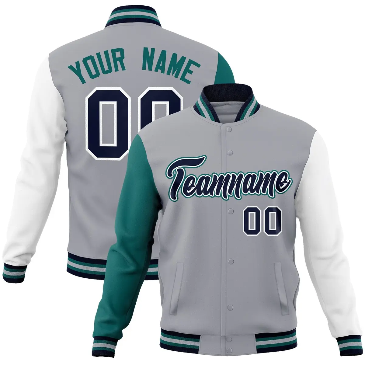 Gray Navy White Raglan Varsity Full-Snap Letterman Jacket