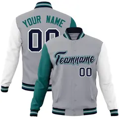 Gray Navy White Raglan Varsity Full-Snap Letterman Jacket