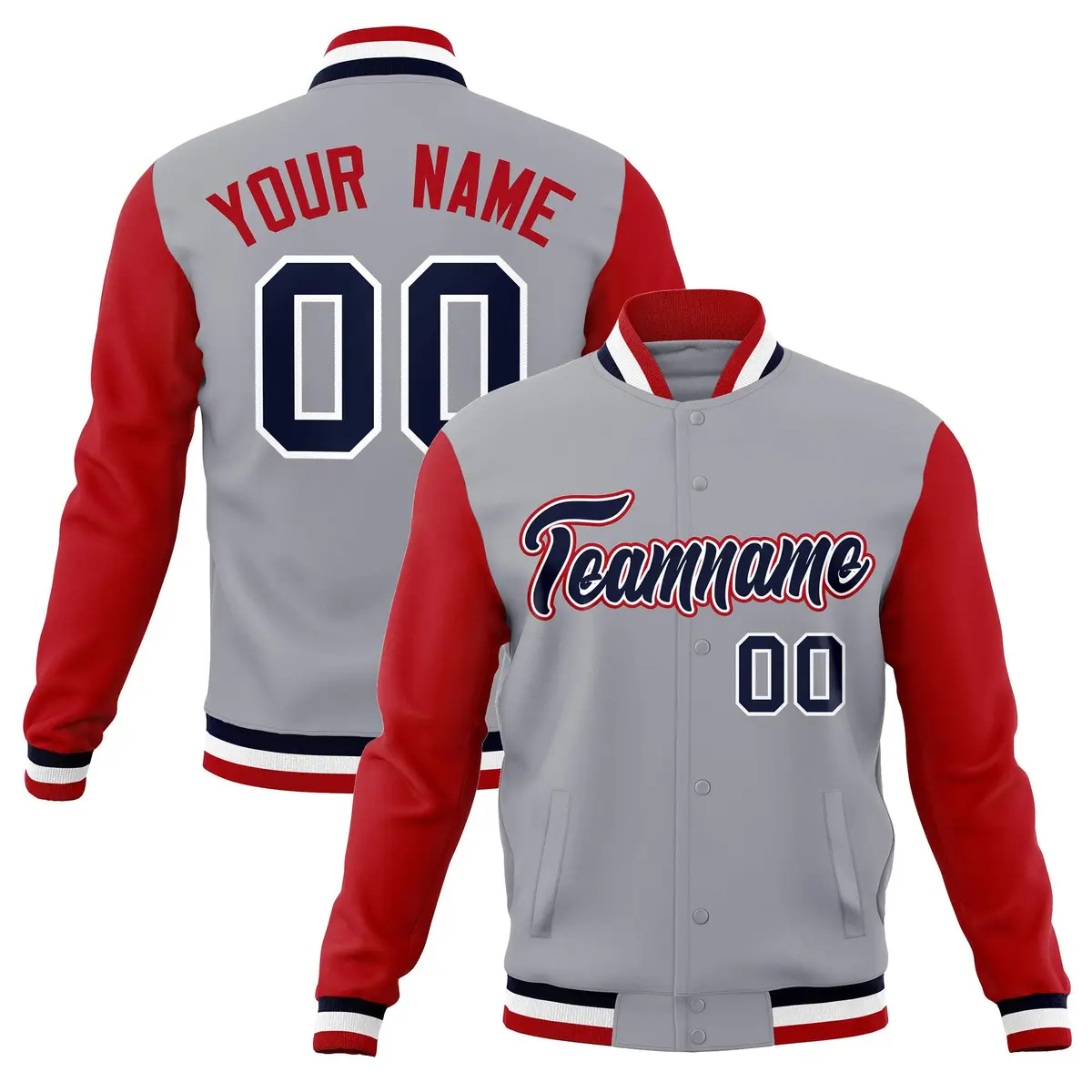 Gray Navy White Raglan Varsity Full-Snap Letterman Jacket