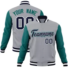 Gray Navy White Raglan Varsity Full-Snap Letterman Jacket
