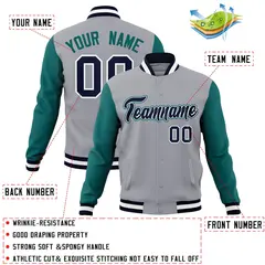 Gray Navy White Raglan Varsity Full-Snap Letterman Jacket 4