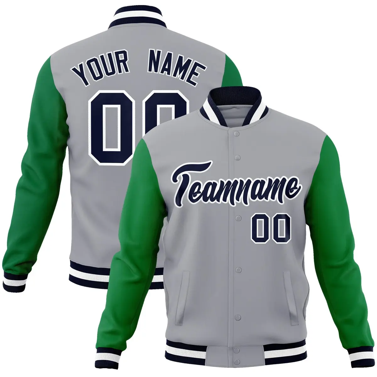 Gray Navy White Raglan Varsity Full-Snap Letterman Jacket