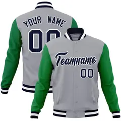 Gray Navy White Raglan Varsity Full-Snap Letterman Jacket