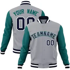 Gray Navy White Raglan Varsity Full-Snap Letterman Jacket