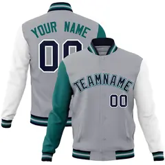 Gray Navy White Raglan Varsity Full-Snap Letterman Jacket