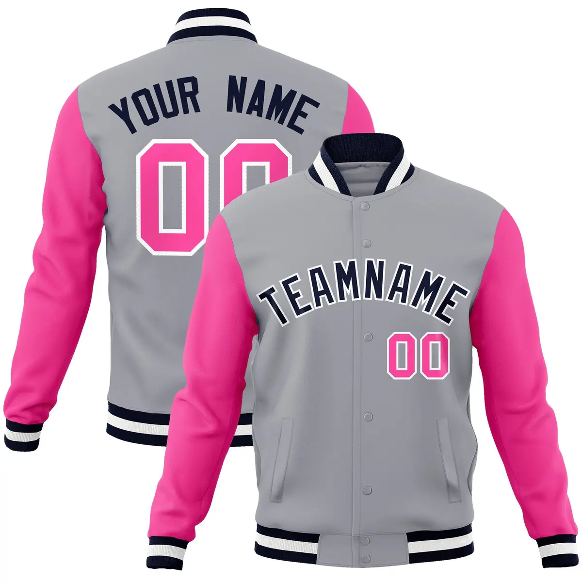 Gray Navy White Raglan Varsity Full-Snap Letterman Jacket