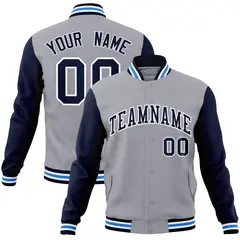 Gray Navy White Raglan Varsity Full-Snap Letterman Jacket