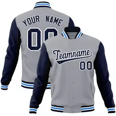 Gray Navy White Raglan Varsity Full-Snap Letterman Jacket