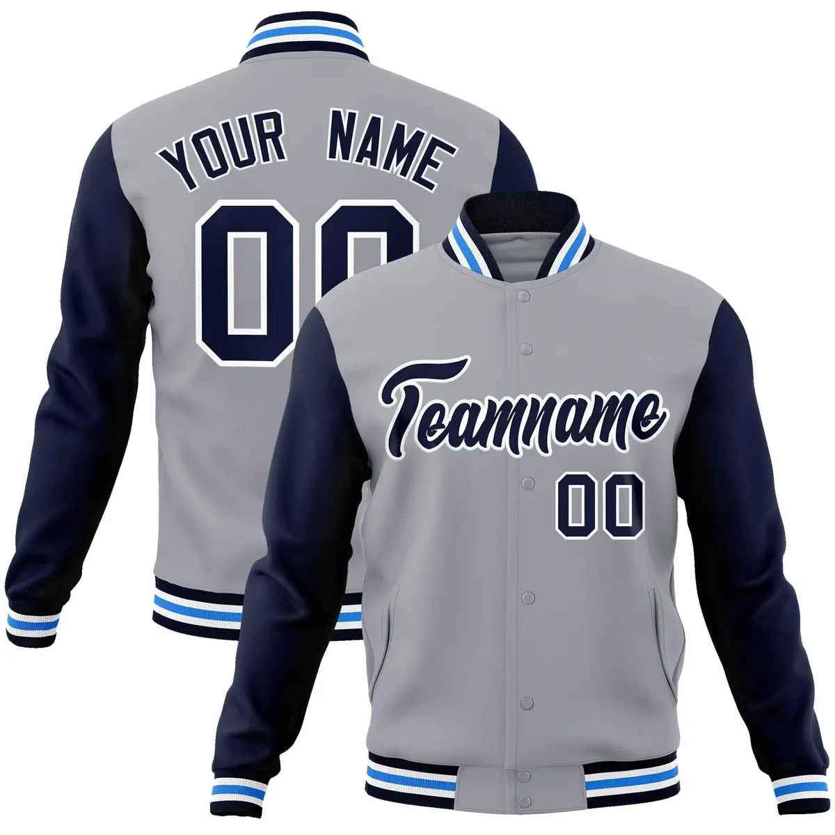 Gray Navy White Raglan Varsity Full-Snap Letterman Jacket
