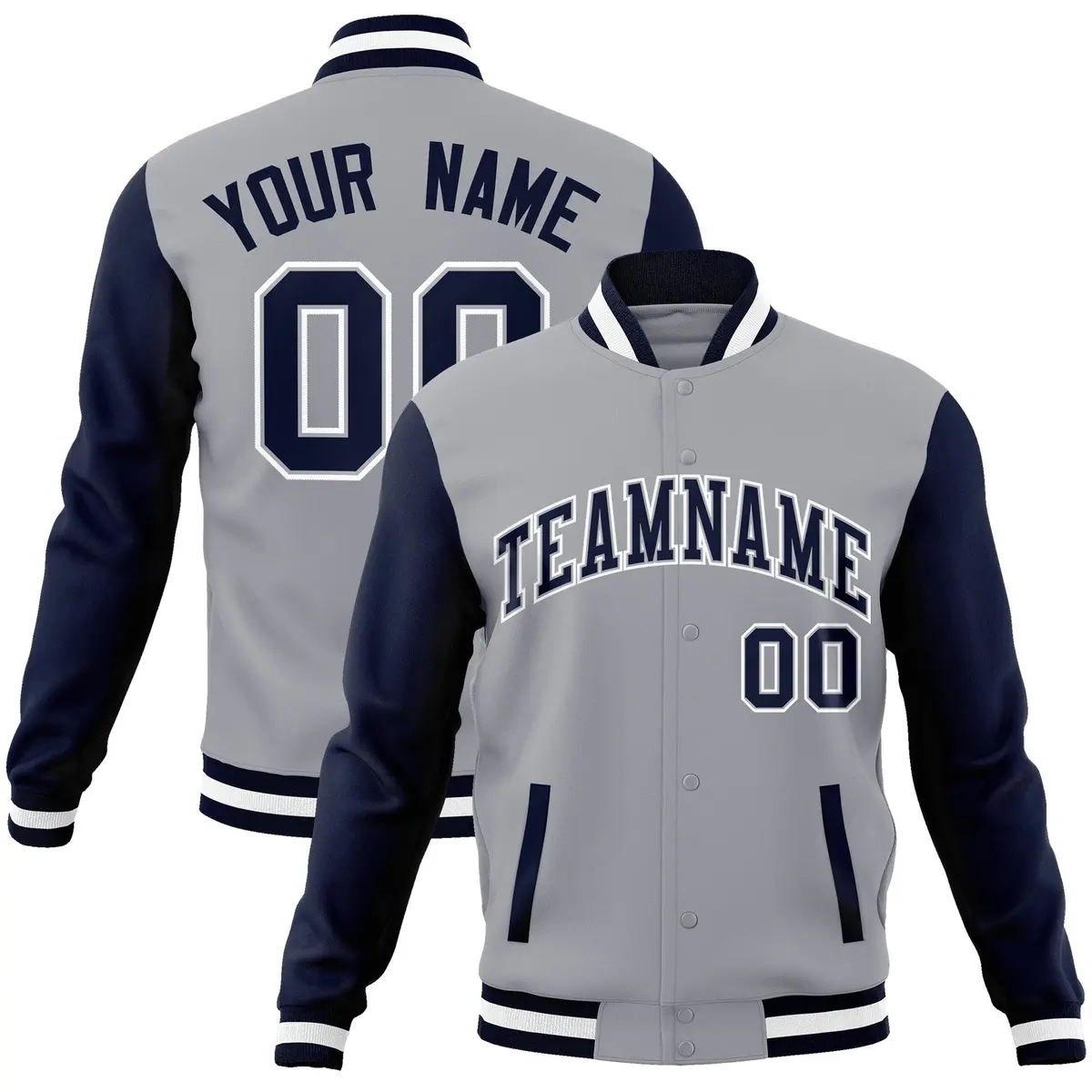 Gray Navy White Raglan Varsity Full-Snap Letterman Jacket