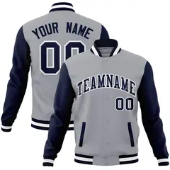 Gray Navy White Raglan Varsity Full-Snap Letterman Jacket 1