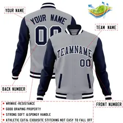 Gray Navy White Raglan Varsity Full-Snap Letterman Jacket 4