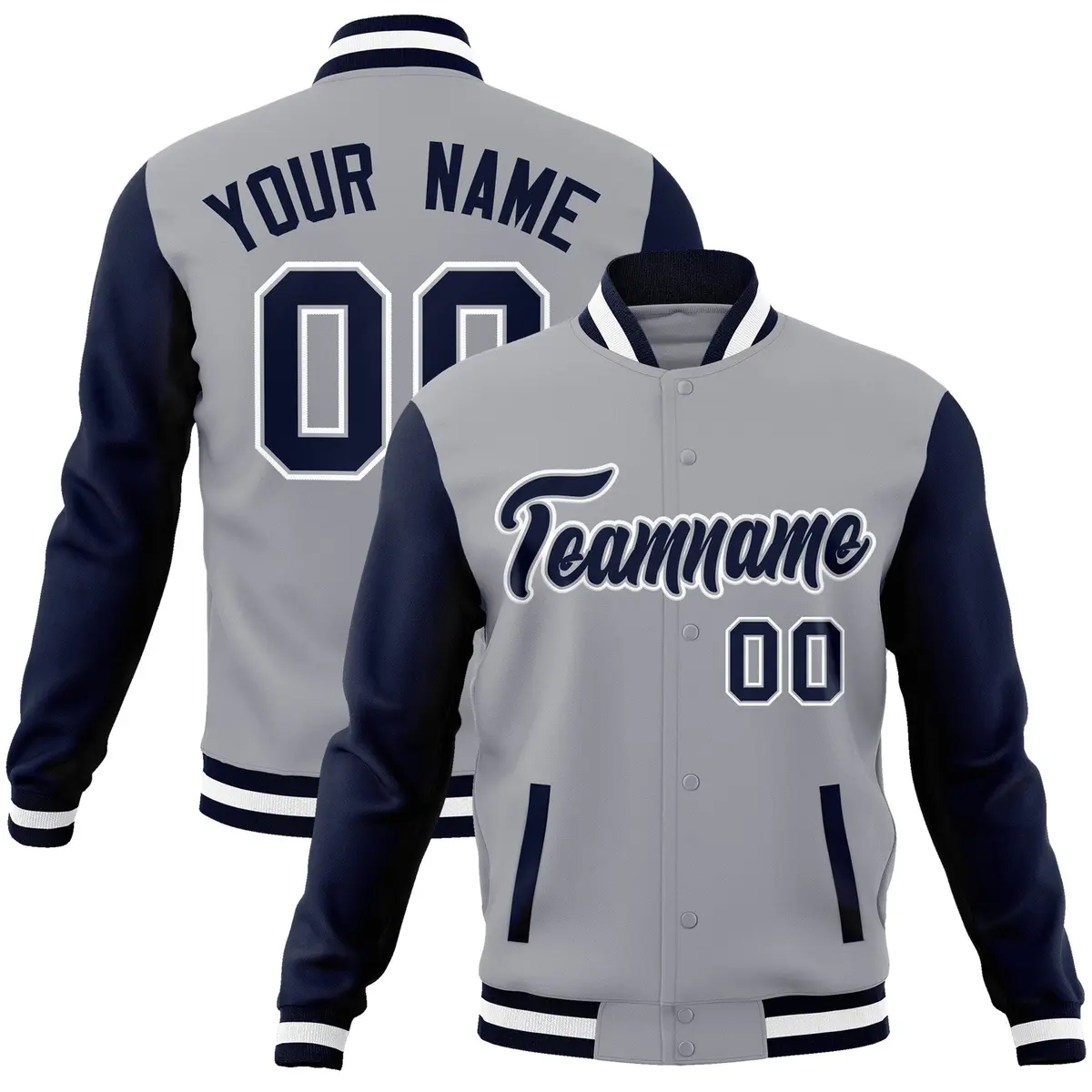 Gray Navy White Raglan Varsity Full-Snap Letterman Jacket