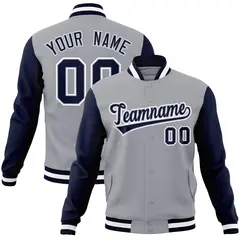 Gray Navy White Raglan Varsity Full-Snap Letterman Jacket