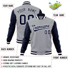Gray Navy White Raglan Varsity Full-Snap Letterman Jacket 4