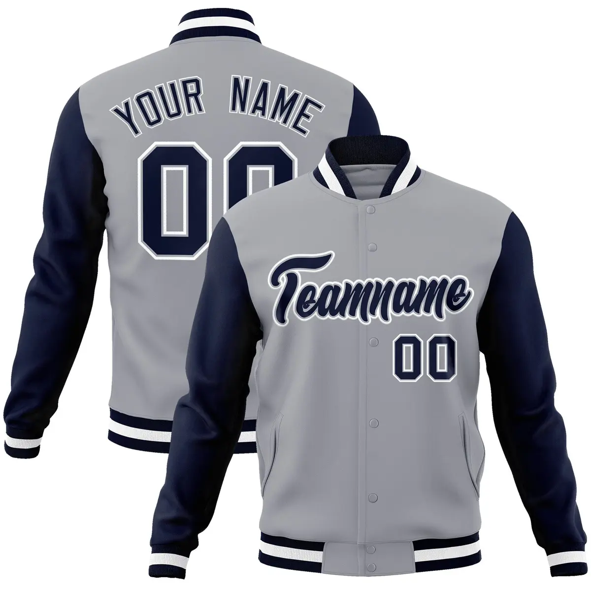 Gray Navy White Raglan Varsity Full-Snap Letterman Jacket