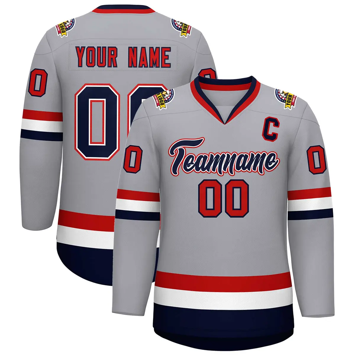 Gray Navy White-Red Classic Style Hockey Jersey