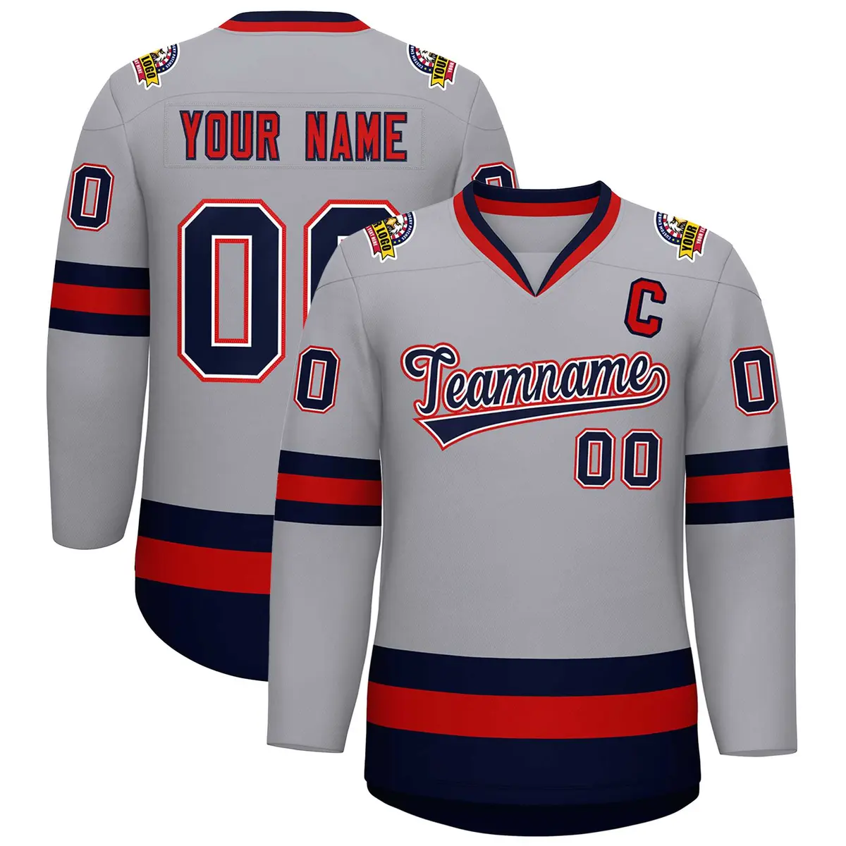 Gray Navy White-Red Classic Style Hockey Jersey