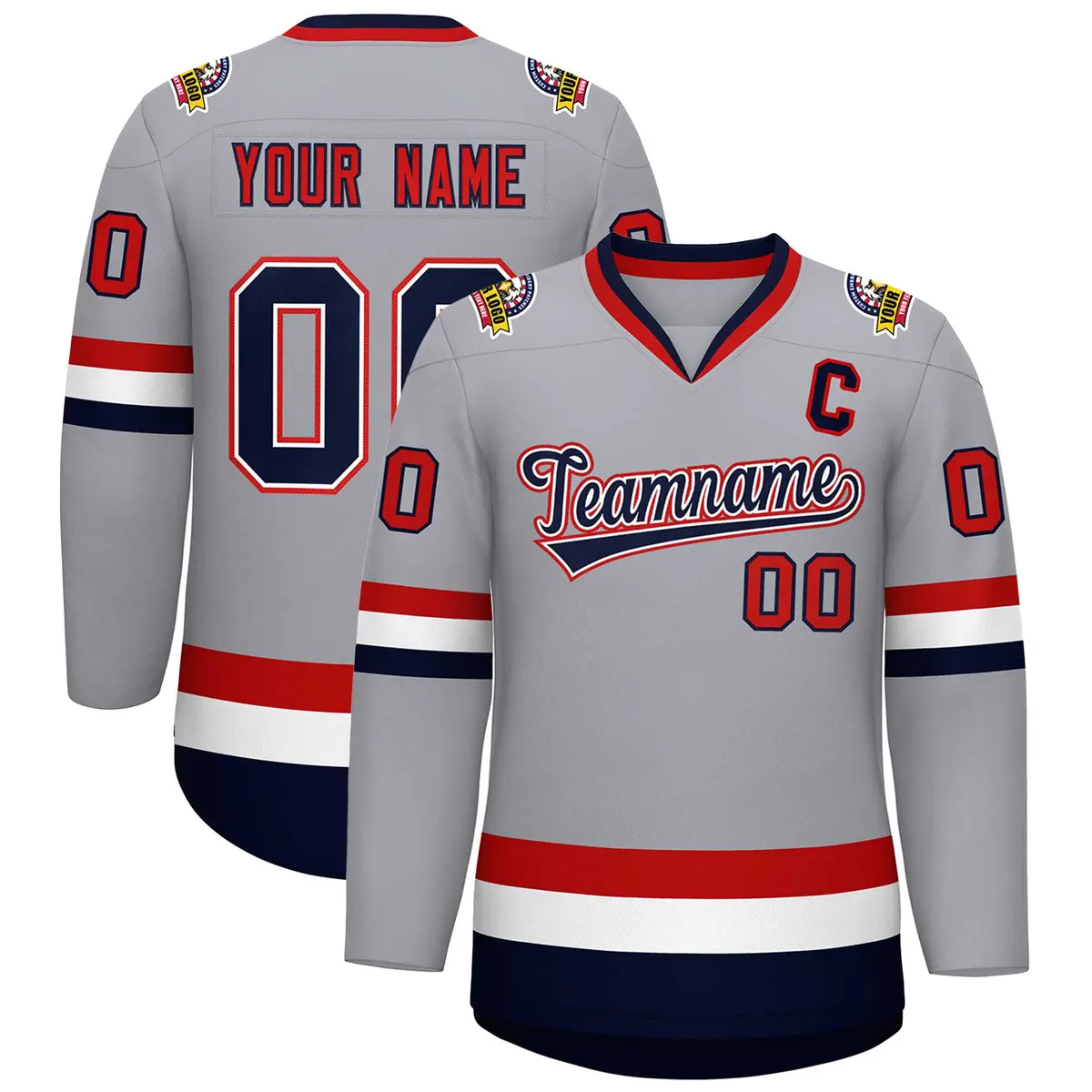 Gray Navy White-Red Classic Style Hockey Jersey