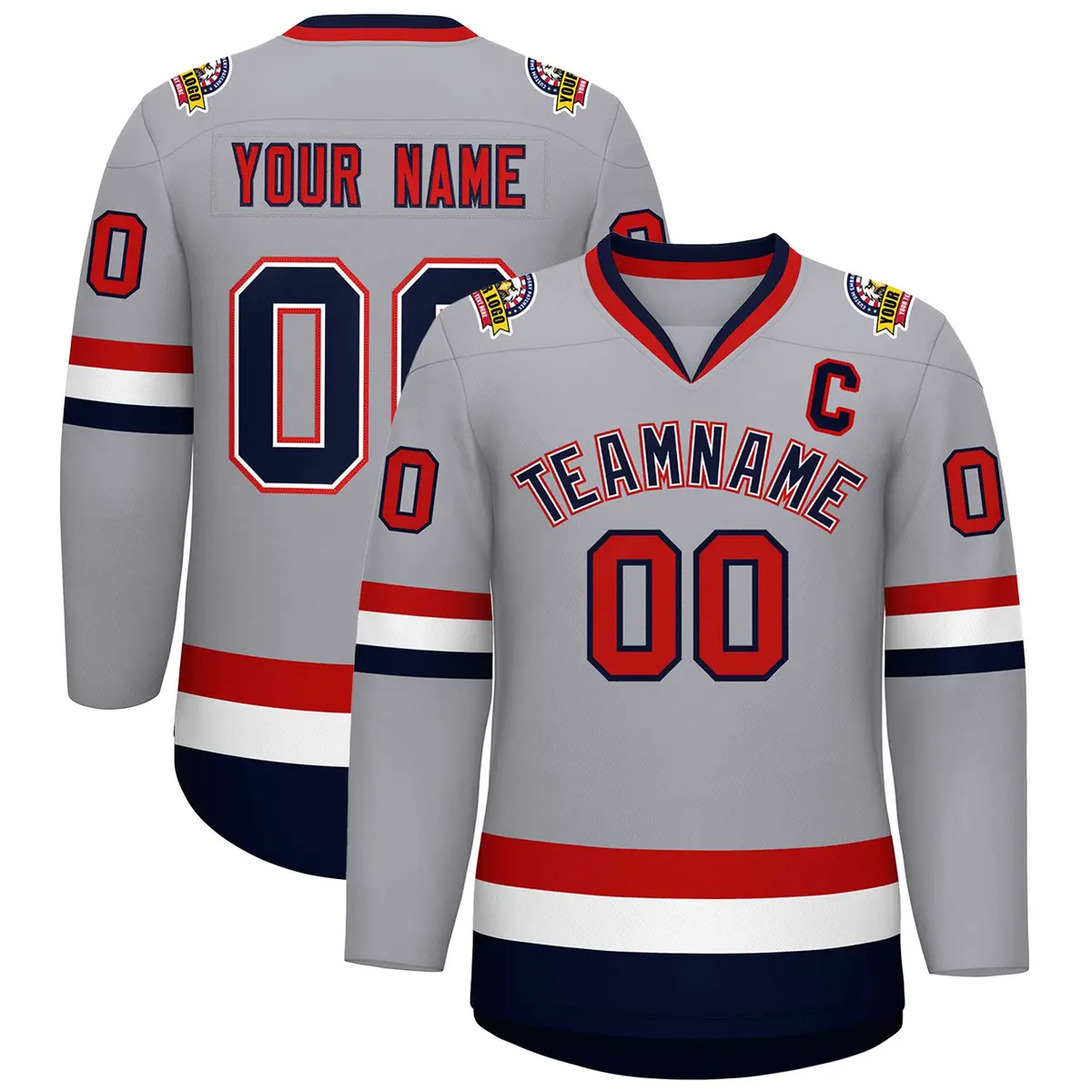 Gray Navy White-Red Classic Style Hockey Jersey